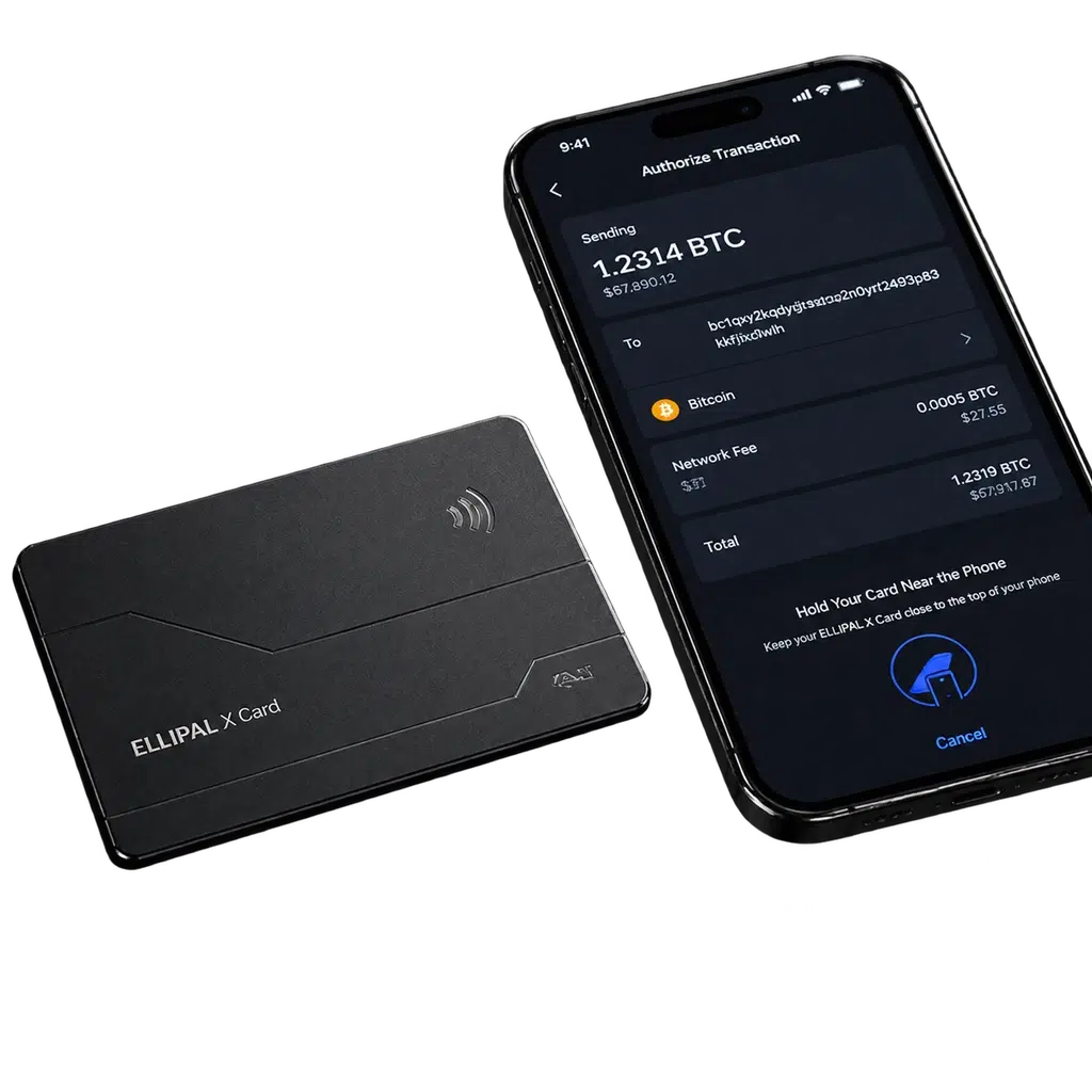 کیف پول سخت‌افزاری الیپال ایکس کارت کنار گوشی